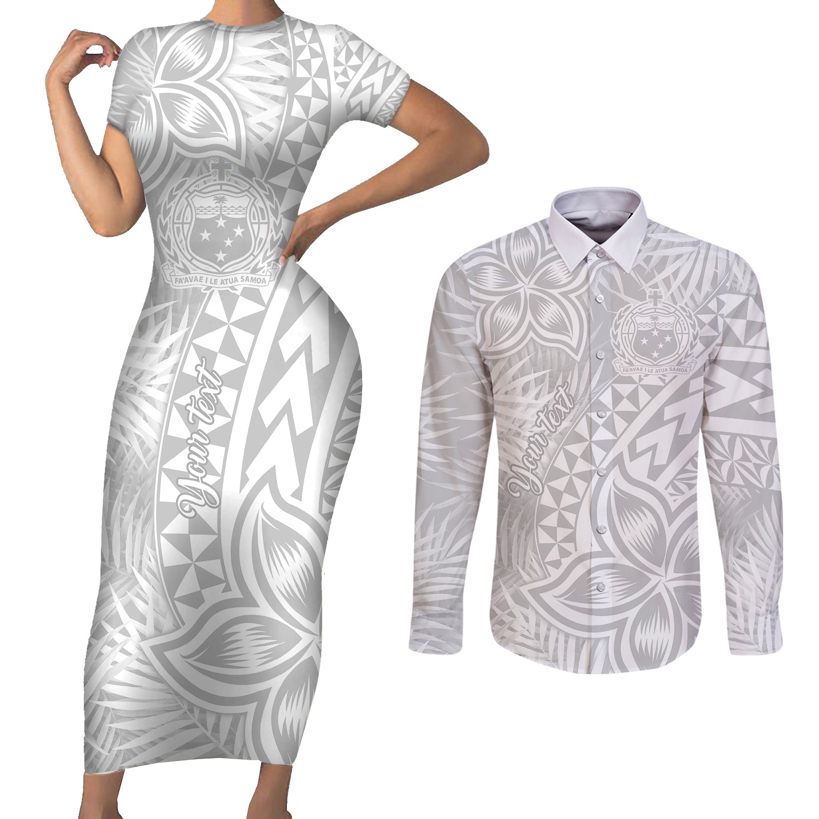 Personalised Samoa Lotu Tamait Couples Matching Short Sleeve Bodycon Dress and Long Sleeve Button Shirts Tropical Plant White Sunday With Polynesia Pattern LT9 - Wonder Print Shop