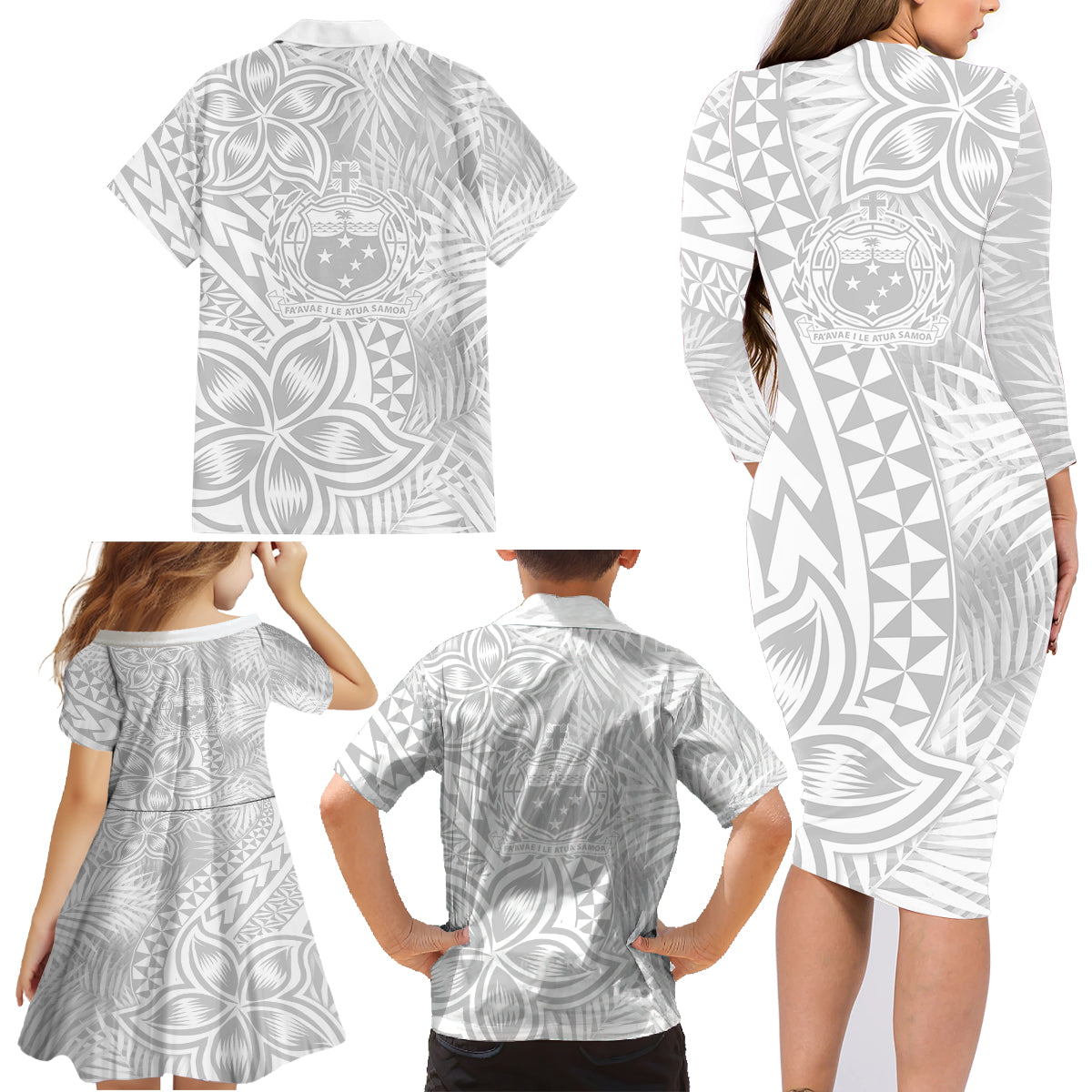 Personalised Samoa Lotu Tamait Family Matching Long Sleeve Bodycon Dress and Hawaiian Shirt Tropical Plant White Sunday With Polynesia Pattern LT9 - Wonder Print Shop
