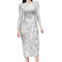 Personalised Samoa Lotu Tamait Family Matching Long Sleeve Bodycon Dress and Hawaiian Shirt Tropical Plant White Sunday With Polynesia Pattern LT9 - Wonder Print Shop