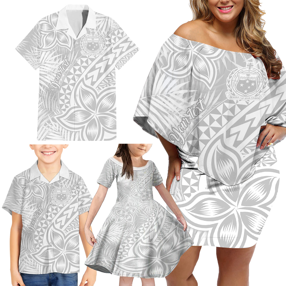Personalised Samoa Lotu Tamait Family Matching Off Shoulder Short Dress and Hawaiian Shirt Tropical Plant White Sunday With Polynesia Pattern LT9 - Wonder Print Shop