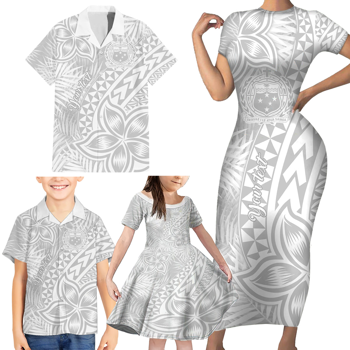 Personalised Samoa Lotu Tamait Family Matching Short Sleeve Bodycon Dress and Hawaiian Shirt Tropical Plant White Sunday With Polynesia Pattern - Wonder Print Shop