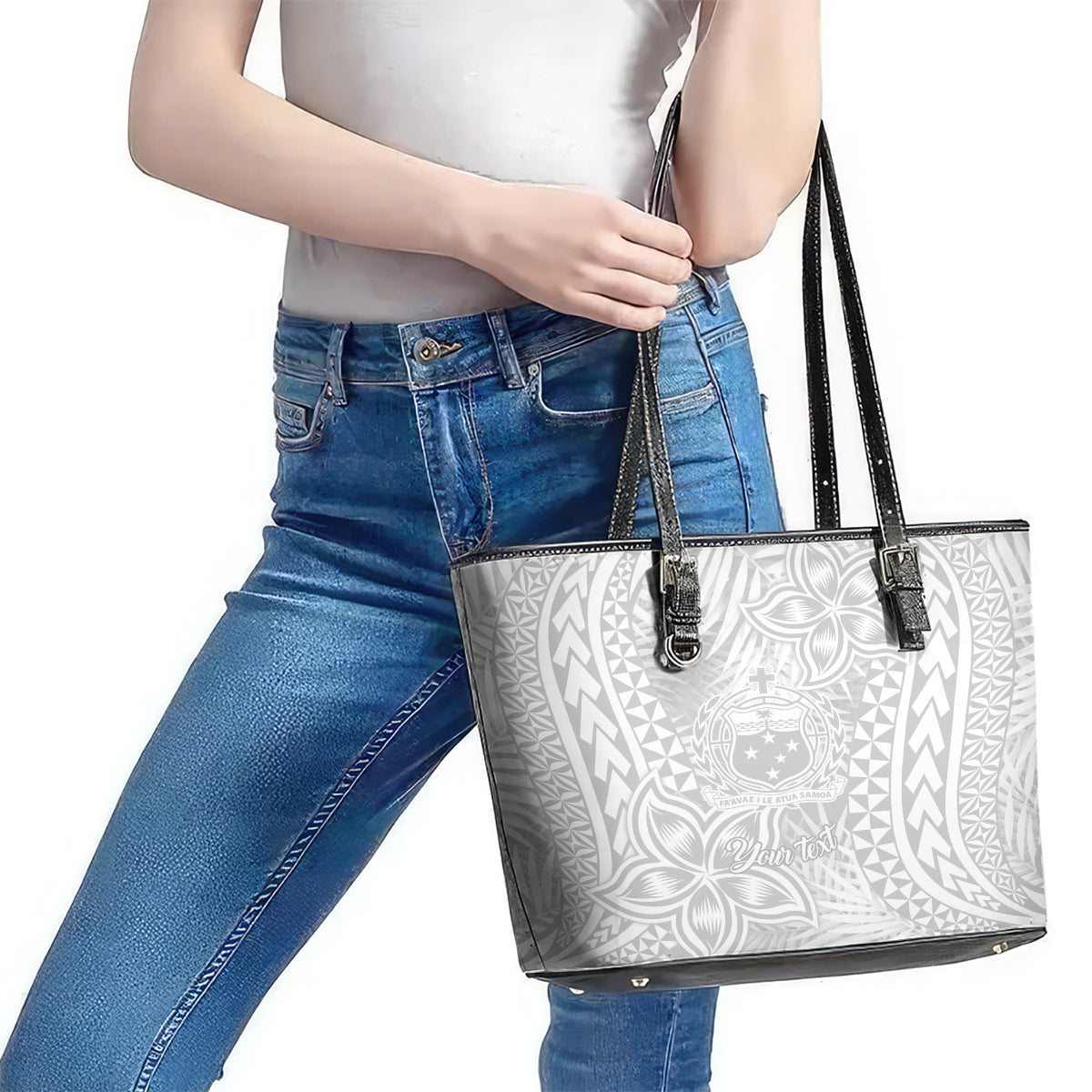 Personalised Samoa Lotu Tamait Leather Tote Bag Tropical Plant White Sunday With Polynesia Pattern - Wonder Print Shop