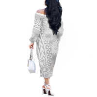 Personalised Samoa Lotu Tamait Off The Shoulder Long Sleeve Dress Tropical Plant White Sunday With Polynesia Pattern - Wonder Print Shop