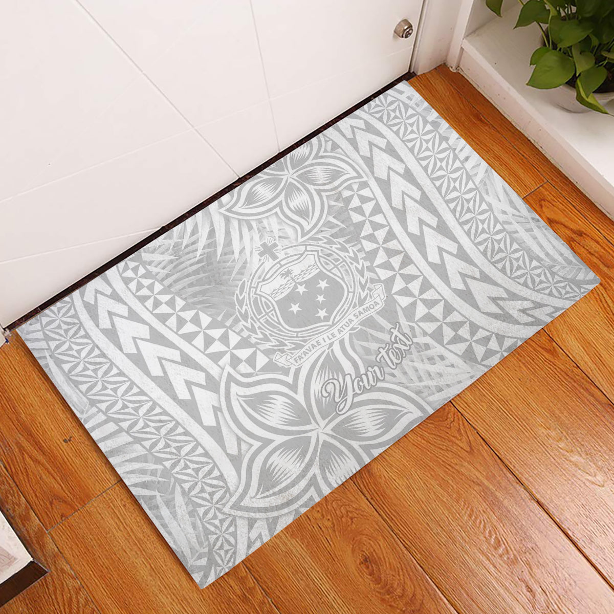 Personalised Samoa Lotu Tamait Rubber Doormat Tropical Plant White Sunday With Polynesia Pattern - Wonder Print Shop