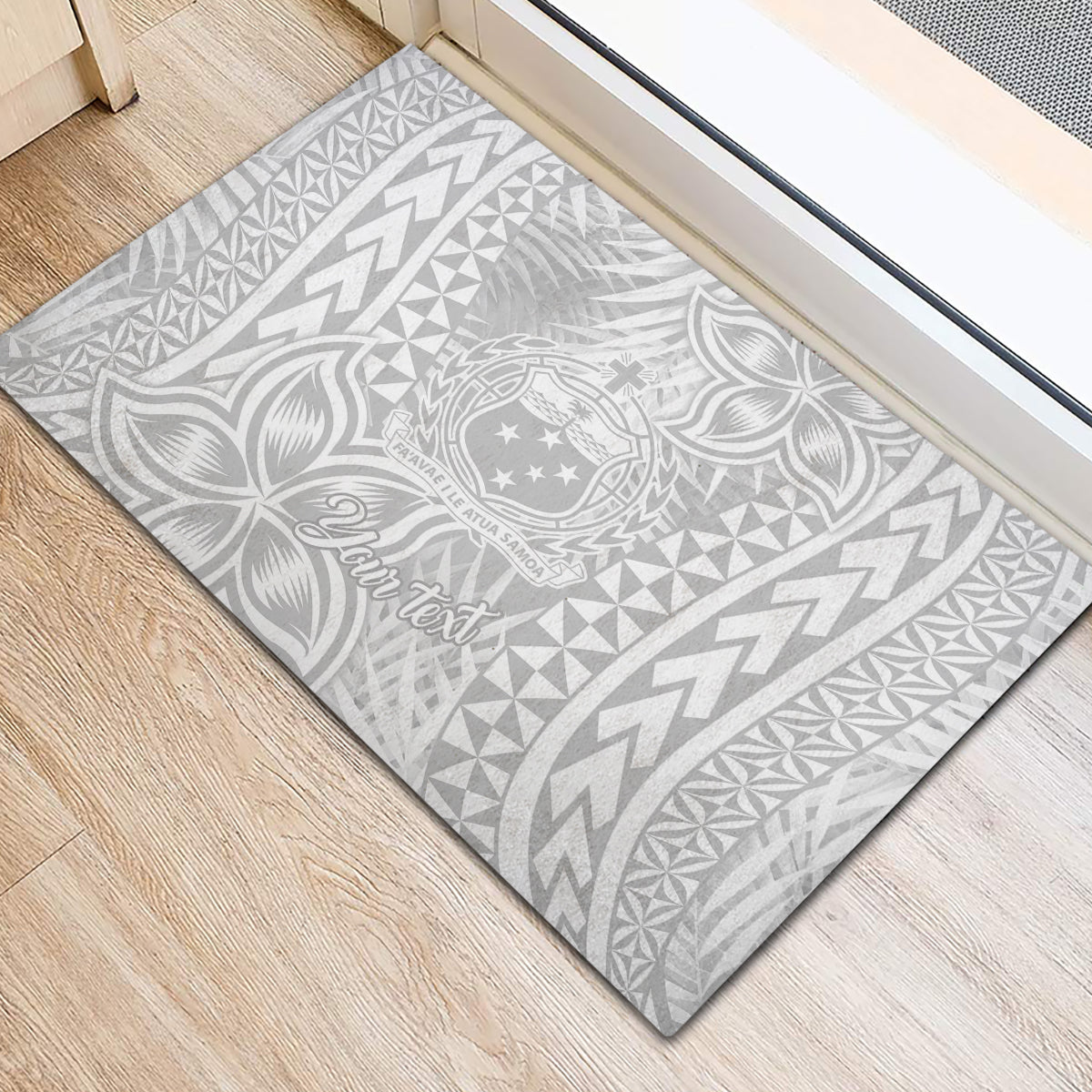 Personalised Samoa Lotu Tamait Rubber Doormat Tropical Plant White Sunday With Polynesia Pattern - Wonder Print Shop