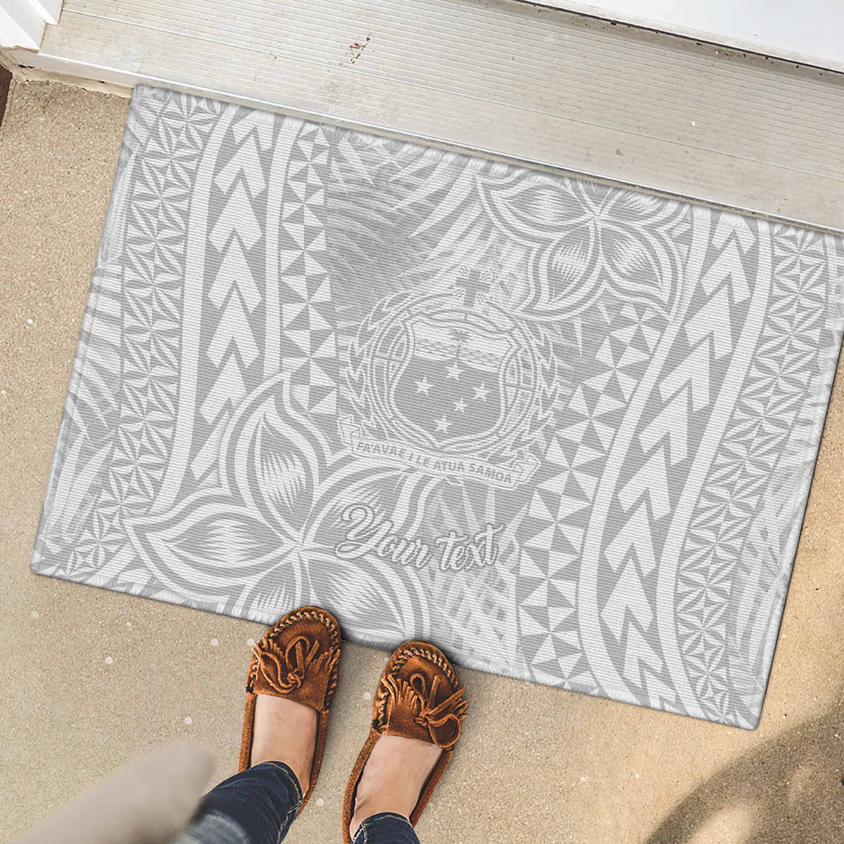 Personalised Samoa Lotu Tamait Rubber Doormat Tropical Plant White Sunday With Polynesia Pattern - Wonder Print Shop