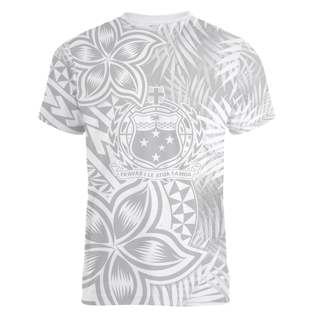 Personalised Samoa Lotu Tamait Women V Neck T Shirt Tropical Plant White Sunday With Polynesia Pattern - Wonder Print Shop