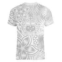 Personalised Samoa Lotu Tamait Women V Neck T Shirt Tropical Plant White Sunday With Polynesia Pattern - Wonder Print Shop