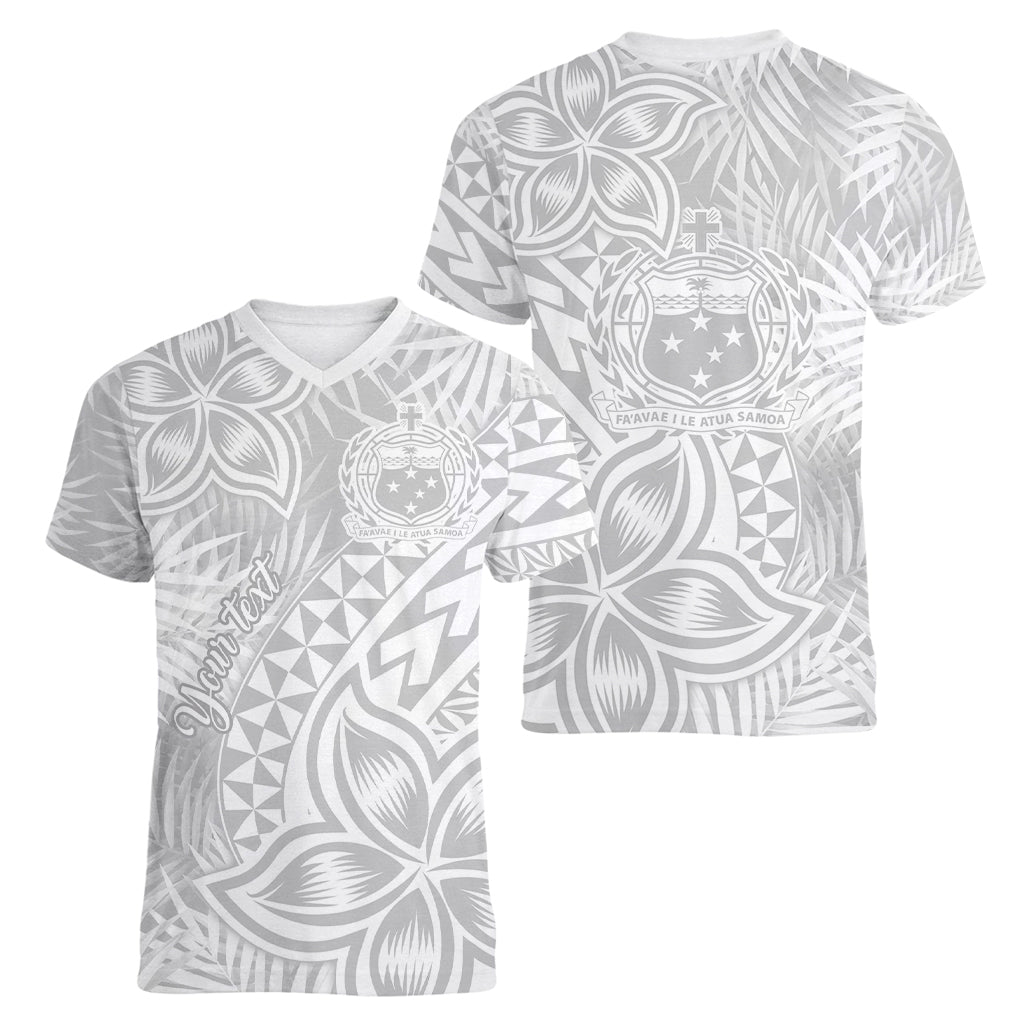 Personalised Samoa Lotu Tamait Women V Neck T Shirt Tropical Plant White Sunday With Polynesia Pattern - Wonder Print Shop