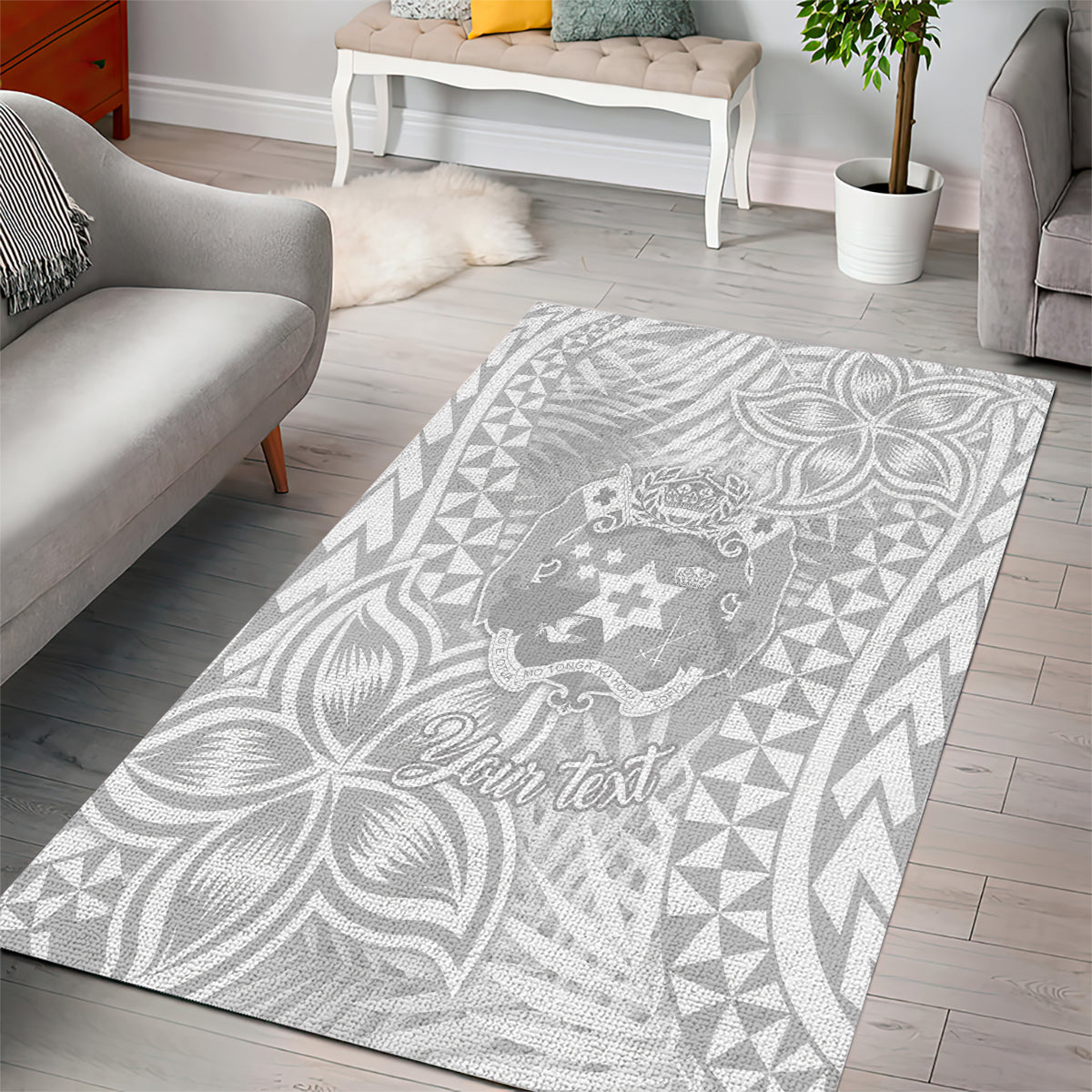 Personalised Tonga White Sunday Area Rug Tropical Plant With Polynesian Pattern LT9 - Wonder Print Shop