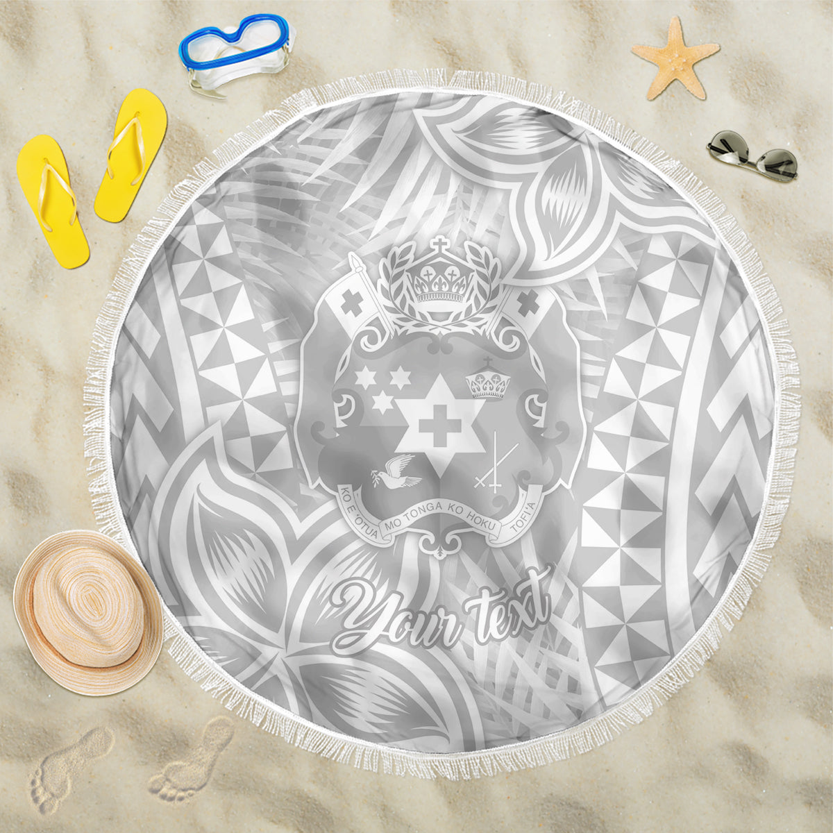 Personalised Tonga White Sunday Beach Blanket Tropical Plant With Polynesian Pattern LT9 - Wonder Print Shop