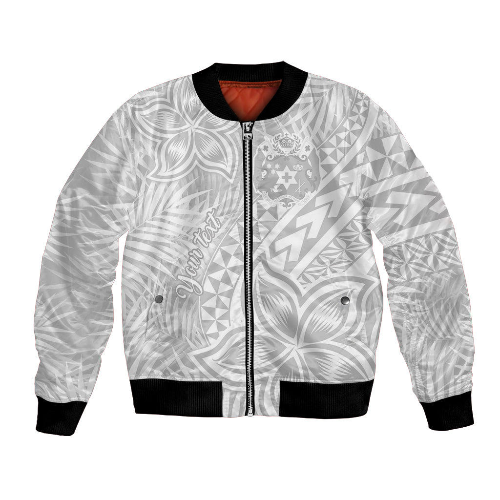 Personalised Tonga White Sunday Bomber Jacket Tropical Plant With Polynesian Pattern LT9 - Wonder Print Shop