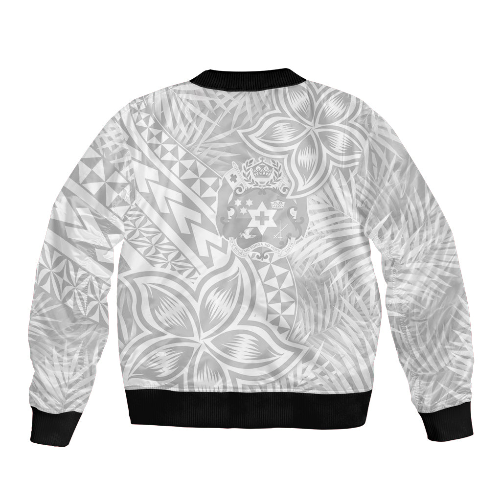 Personalised Tonga White Sunday Bomber Jacket Tropical Plant With Polynesian Pattern LT9 - Wonder Print Shop