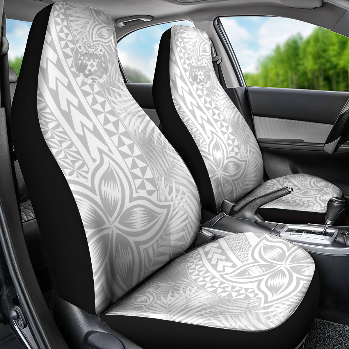 Personalised Tonga White Sunday Car Seat Cover Tropical Plant With Polynesian Pattern LT9 - Wonder Print Shop