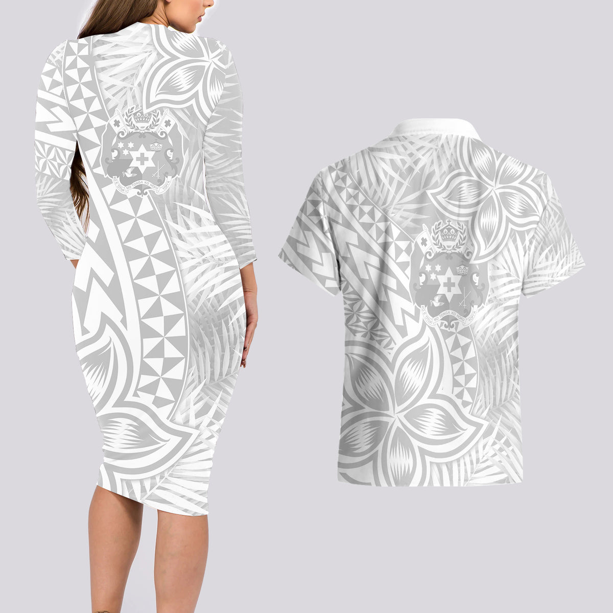 Personalised Tonga White Sunday Couples Matching Long Sleeve Bodycon Dress and Hawaiian Shirt Tropical Plant With Polynesian Pattern LT9 - Wonder Print Shop