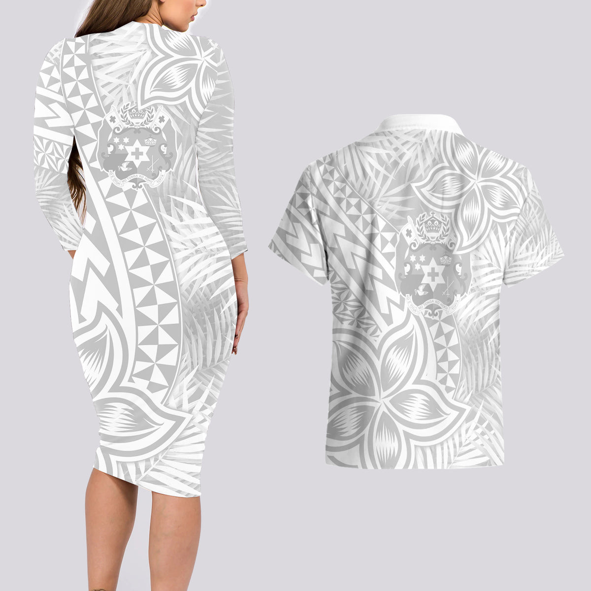 Personalised Tonga White Sunday Couples Matching Long Sleeve Bodycon Dress and Hawaiian Shirt Tropical Plant With Polynesian Pattern LT9 - Wonder Print Shop