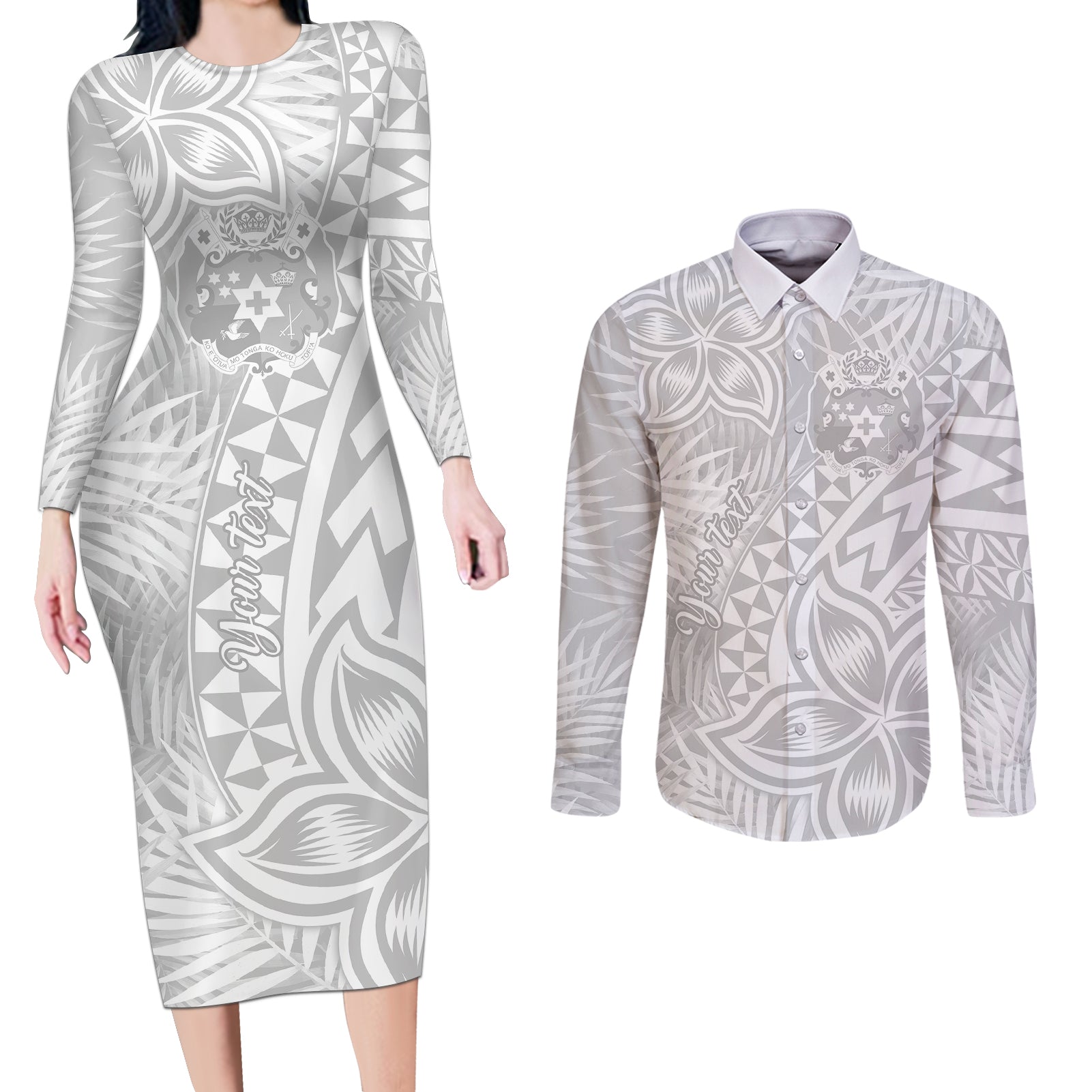 Personalised Tonga White Sunday Couples Matching Long Sleeve Bodycon Dress and Long Sleeve Button Shirts Tropical Plant With Polynesian Pattern LT9 - Wonder Print Shop