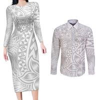 Personalised Tonga White Sunday Couples Matching Long Sleeve Bodycon Dress and Long Sleeve Button Shirts Tropical Plant With Polynesian Pattern LT9 - Wonder Print Shop