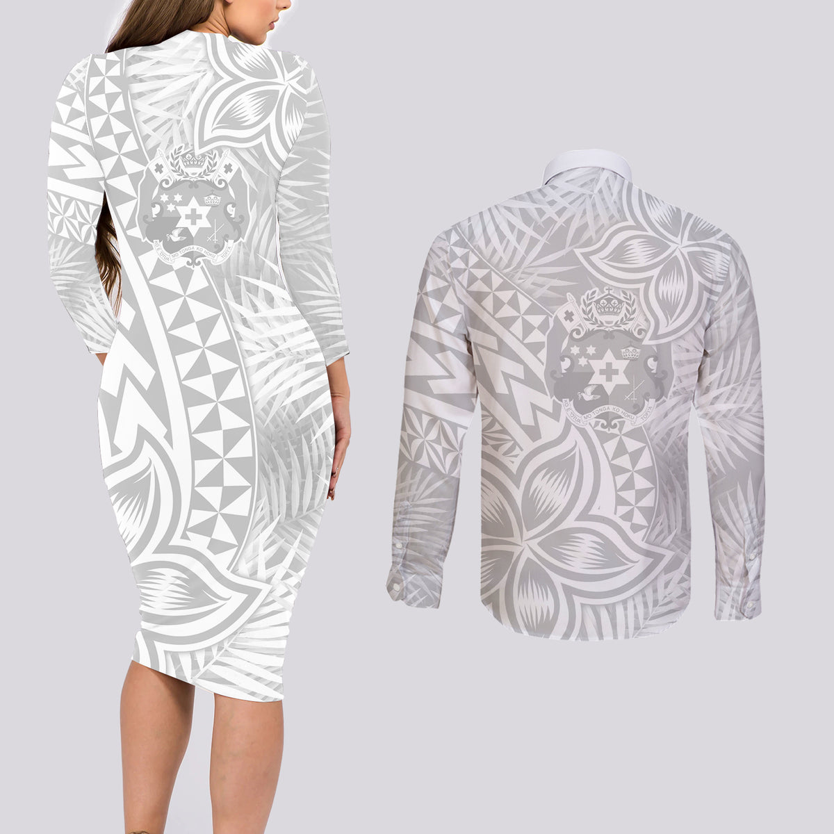 Personalised Tonga White Sunday Couples Matching Long Sleeve Bodycon Dress and Long Sleeve Button Shirts Tropical Plant With Polynesian Pattern LT9 - Wonder Print Shop