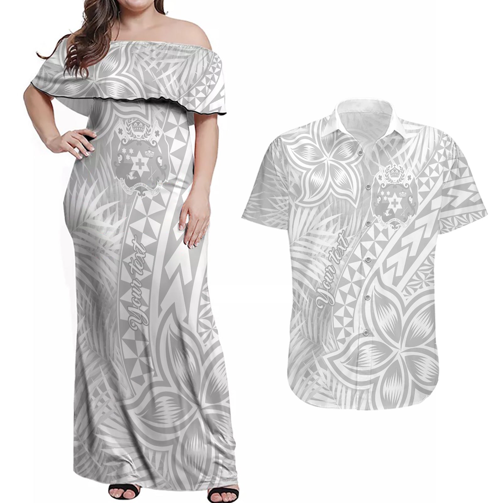 Personalised Tonga White Sunday Couples Matching Off Shoulder Maxi Dress and Hawaiian Shirt Tropical Plant With Polynesian Pattern LT9 - Wonder Print Shop