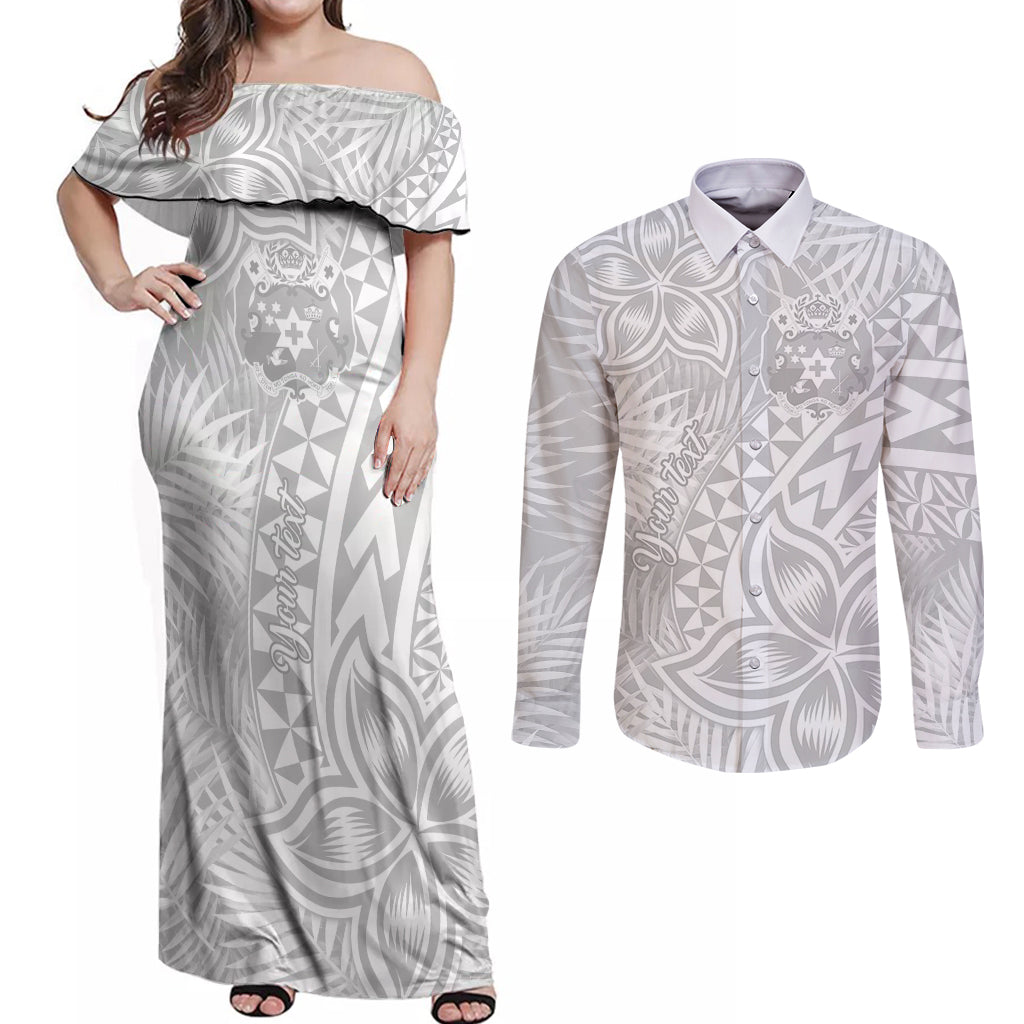 Personalised Tonga White Sunday Couples Matching Off Shoulder Maxi Dress and Long Sleeve Button Shirts Tropical Plant With Polynesian Pattern LT9 - Wonder Print Shop