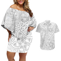 Personalised Tonga White Sunday Couples Matching Off Shoulder Short Dress and Hawaiian Shirt Tropical Plant With Polynesian Pattern LT9 - Wonder Print Shop
