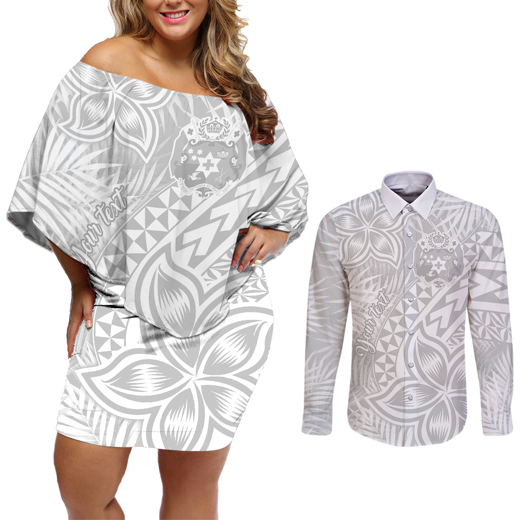 Personalised Tonga White Sunday Couples Matching Off Shoulder Short Dress and Long Sleeve Button Shirts Tropical Plant With Polynesian Pattern LT9 - Wonder Print Shop