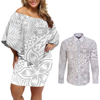 Personalised Tonga White Sunday Couples Matching Off Shoulder Short Dress and Long Sleeve Button Shirts Tropical Plant With Polynesian Pattern LT9 - Wonder Print Shop