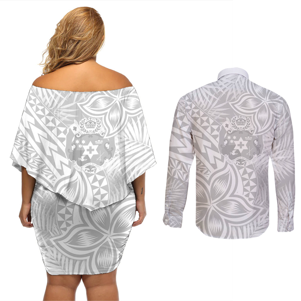 Personalised Tonga White Sunday Couples Matching Off Shoulder Short Dress and Long Sleeve Button Shirts Tropical Plant With Polynesian Pattern LT9 - Wonder Print Shop