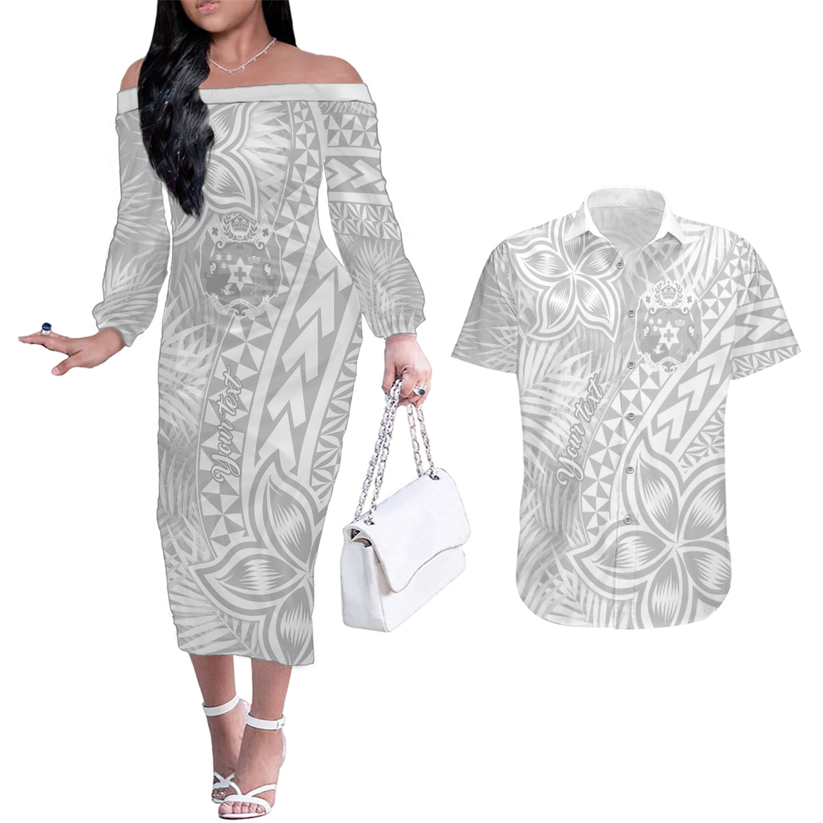 Personalised Tonga White Sunday Couples Matching Off The Shoulder Long Sleeve Dress and Hawaiian Shirt Tropical Plant With Polynesian Pattern LT9 - Wonder Print Shop