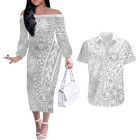 Personalised Tonga White Sunday Couples Matching Off The Shoulder Long Sleeve Dress and Hawaiian Shirt Tropical Plant With Polynesian Pattern LT9 - Wonder Print Shop