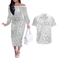 Personalised Tonga White Sunday Couples Matching Off The Shoulder Long Sleeve Dress and Hawaiian Shirt Tropical Plant With Polynesian Pattern LT9 - Wonder Print Shop