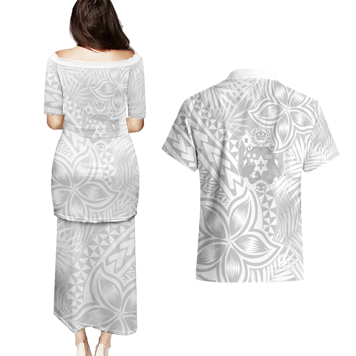 Personalised Tonga White Sunday Couples Matching Puletasi Dress and Hawaiian Shirt Tropical Plant With Polynesian Pattern LT9 - Wonder Print Shop