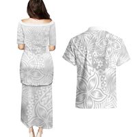 Personalised Tonga White Sunday Couples Matching Puletasi Dress and Hawaiian Shirt Tropical Plant With Polynesian Pattern LT9 - Wonder Print Shop