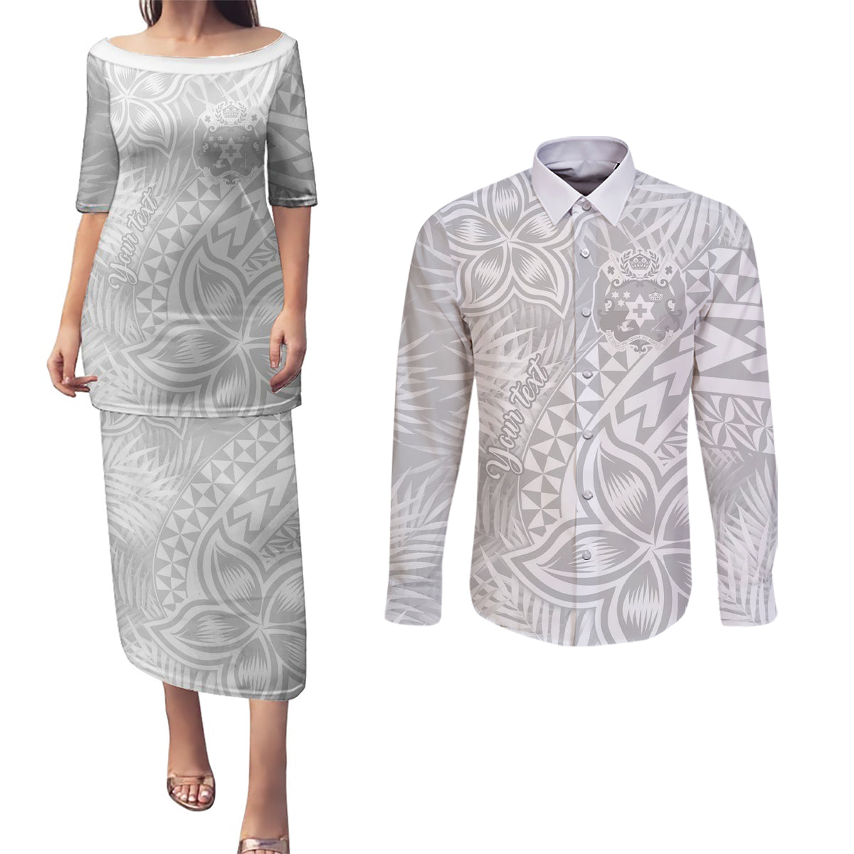 Personalised Tonga White Sunday Couples Matching Puletasi Dress and Long Sleeve Button Shirts Tropical Plant With Polynesian Pattern LT9 - Wonder Print Shop