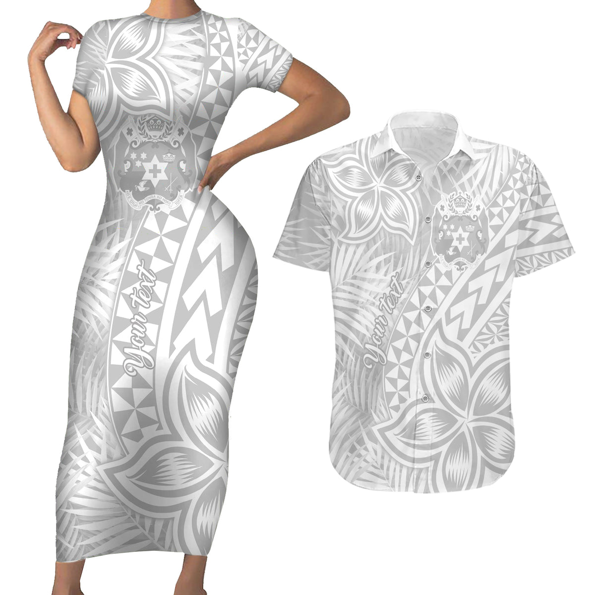 Personalised Tonga White Sunday Couples Matching Short Sleeve Bodycon Dress and Hawaiian Shirt Tropical Plant With Polynesian Pattern LT9 - Wonder Print Shop