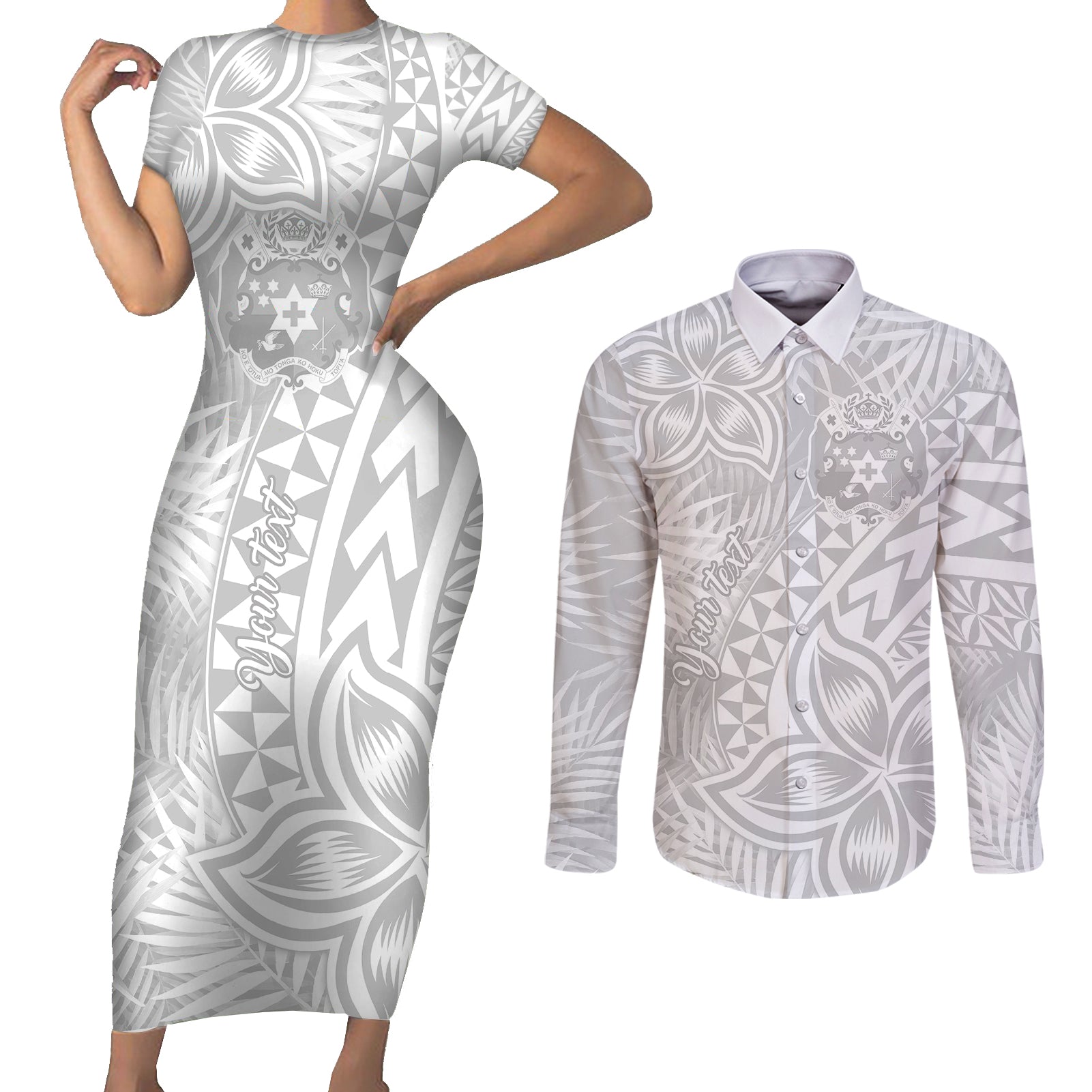 Personalised Tonga White Sunday Couples Matching Short Sleeve Bodycon Dress and Long Sleeve Button Shirts Tropical Plant With Polynesian Pattern LT9 - Wonder Print Shop