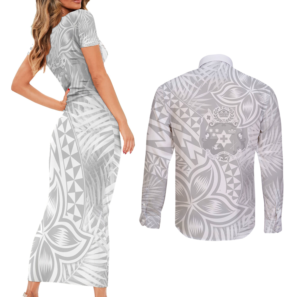 Personalised Tonga White Sunday Couples Matching Short Sleeve Bodycon Dress and Long Sleeve Button Shirts Tropical Plant With Polynesian Pattern LT9 - Wonder Print Shop