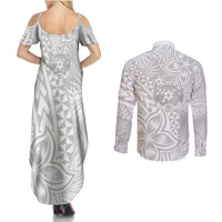 Personalised Tonga White Sunday Couples Matching Summer Maxi Dress and Long Sleeve Button Shirts Tropical Plant With Polynesian Pattern LT9 - Wonder Print Shop
