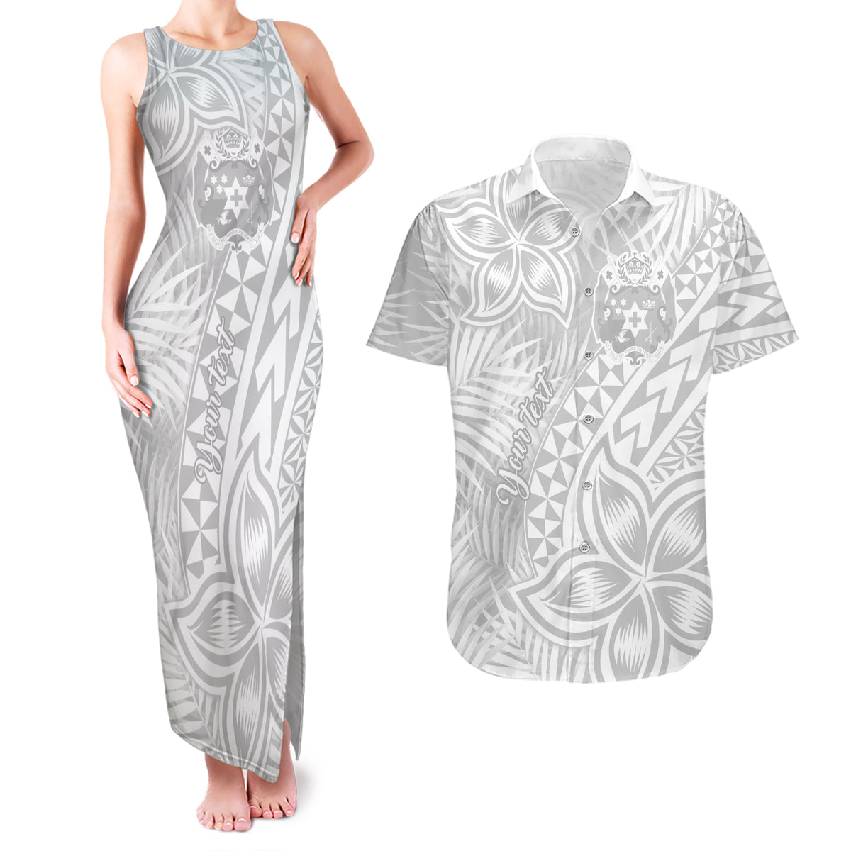 Personalised Tonga White Sunday Couples Matching Tank Maxi Dress and Hawaiian Shirt Tropical Plant With Polynesian Pattern LT9 - Wonder Print Shop