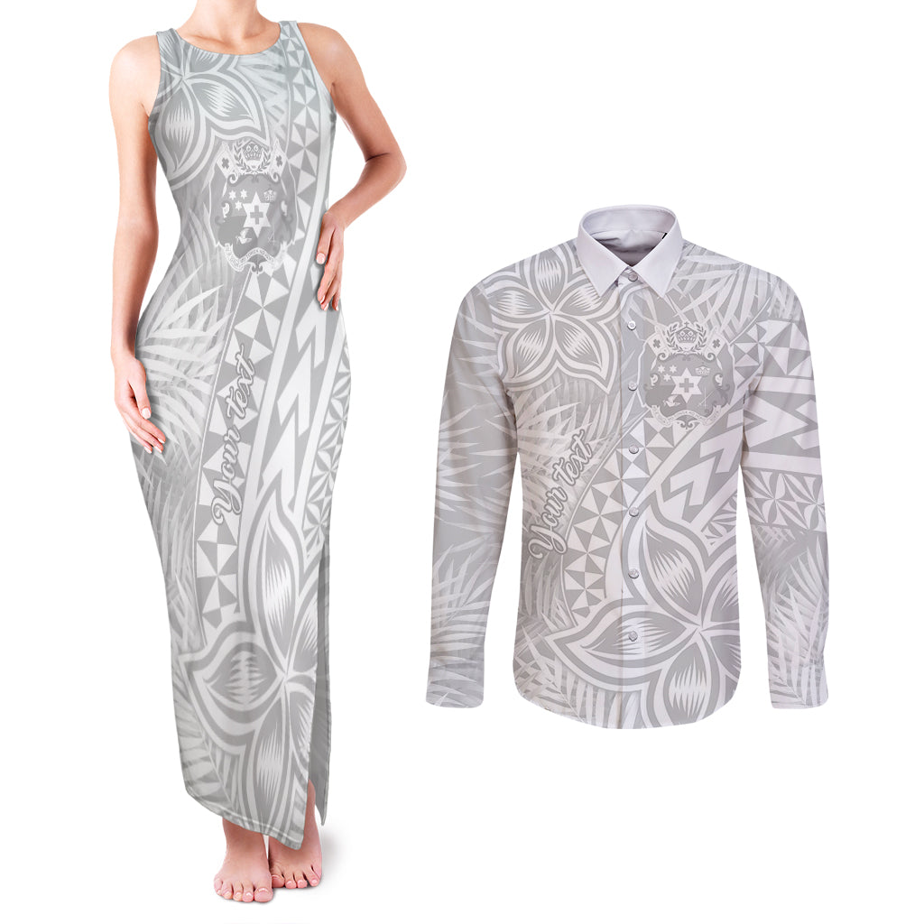 Personalised Tonga White Sunday Couples Matching Tank Maxi Dress and Long Sleeve Button Shirts Tropical Plant With Polynesian Pattern LT9 - Wonder Print Shop