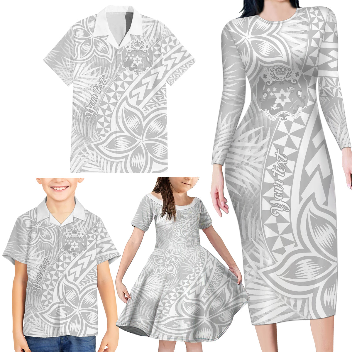 Personalised Tonga White Sunday Family Matching Long Sleeve Bodycon Dress and Hawaiian Shirt Tropical Plant With Polynesian Pattern LT9 - Wonder Print Shop