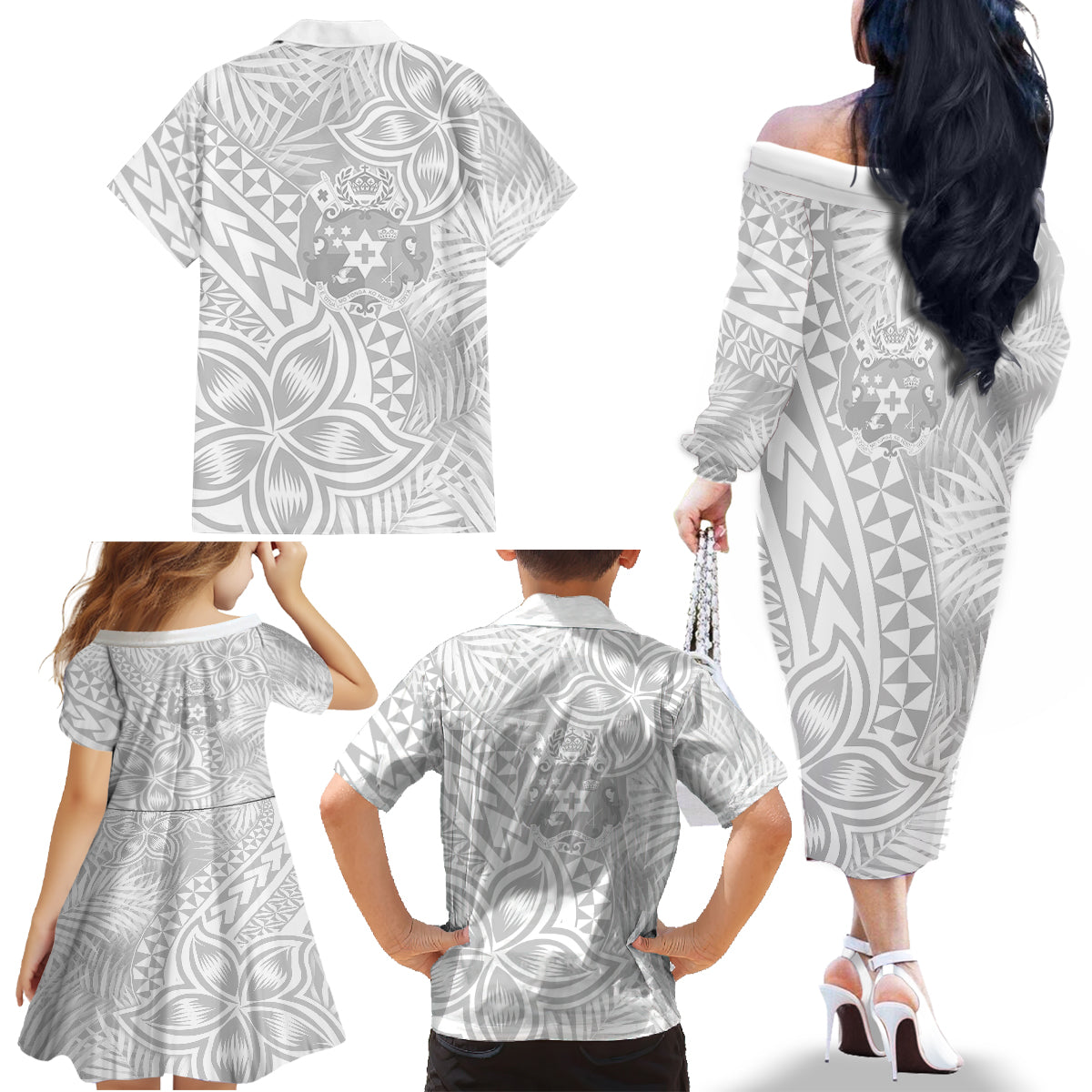 Personalised Tonga White Sunday Family Matching Off Shoulder Long Sleeve Dress and Hawaiian Shirt Tropical Plant With Polynesian Pattern - Wonder Print Shop