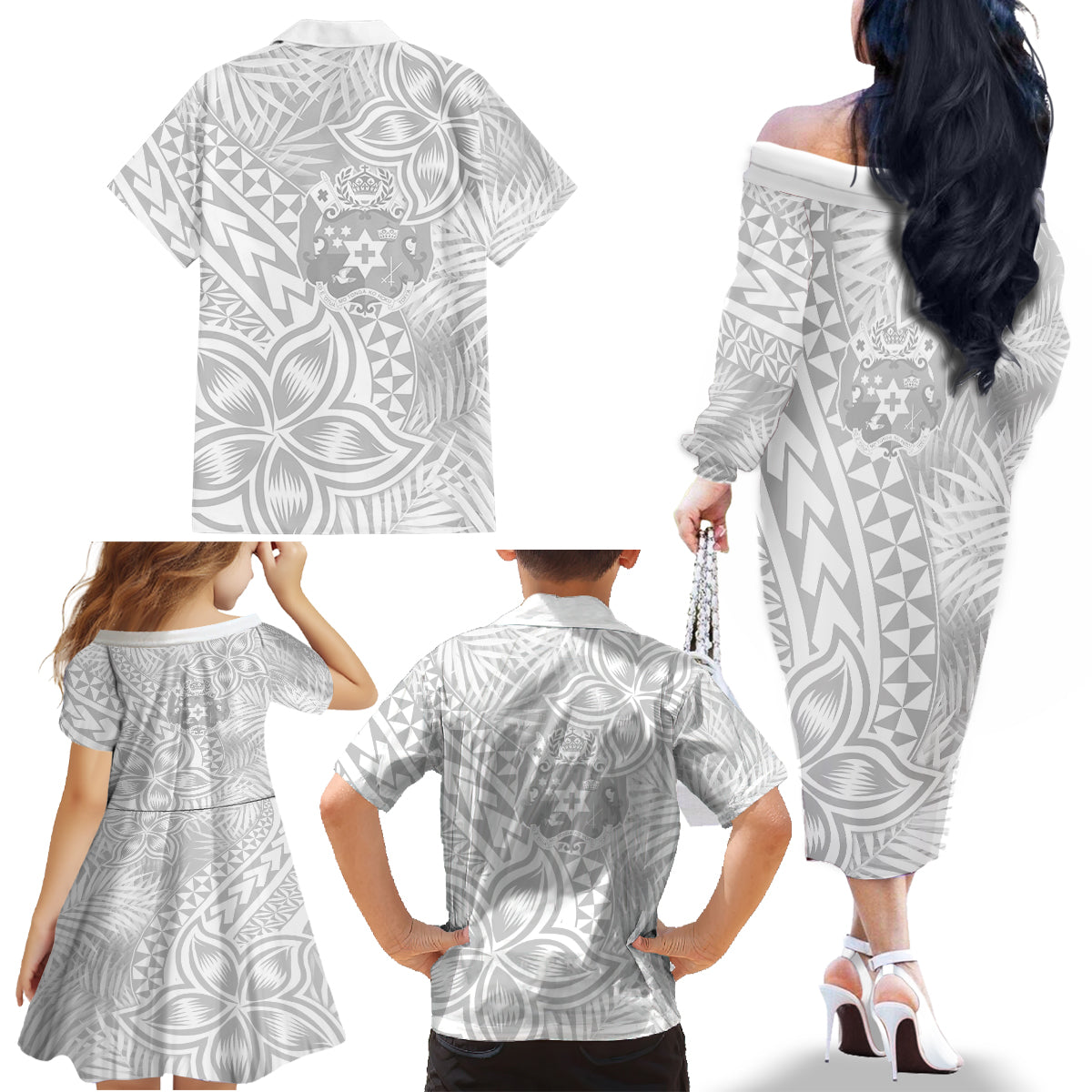 Personalised Tonga White Sunday Family Matching Off Shoulder Long Sleeve Dress and Hawaiian Shirt Tropical Plant With Polynesian Pattern - Wonder Print Shop