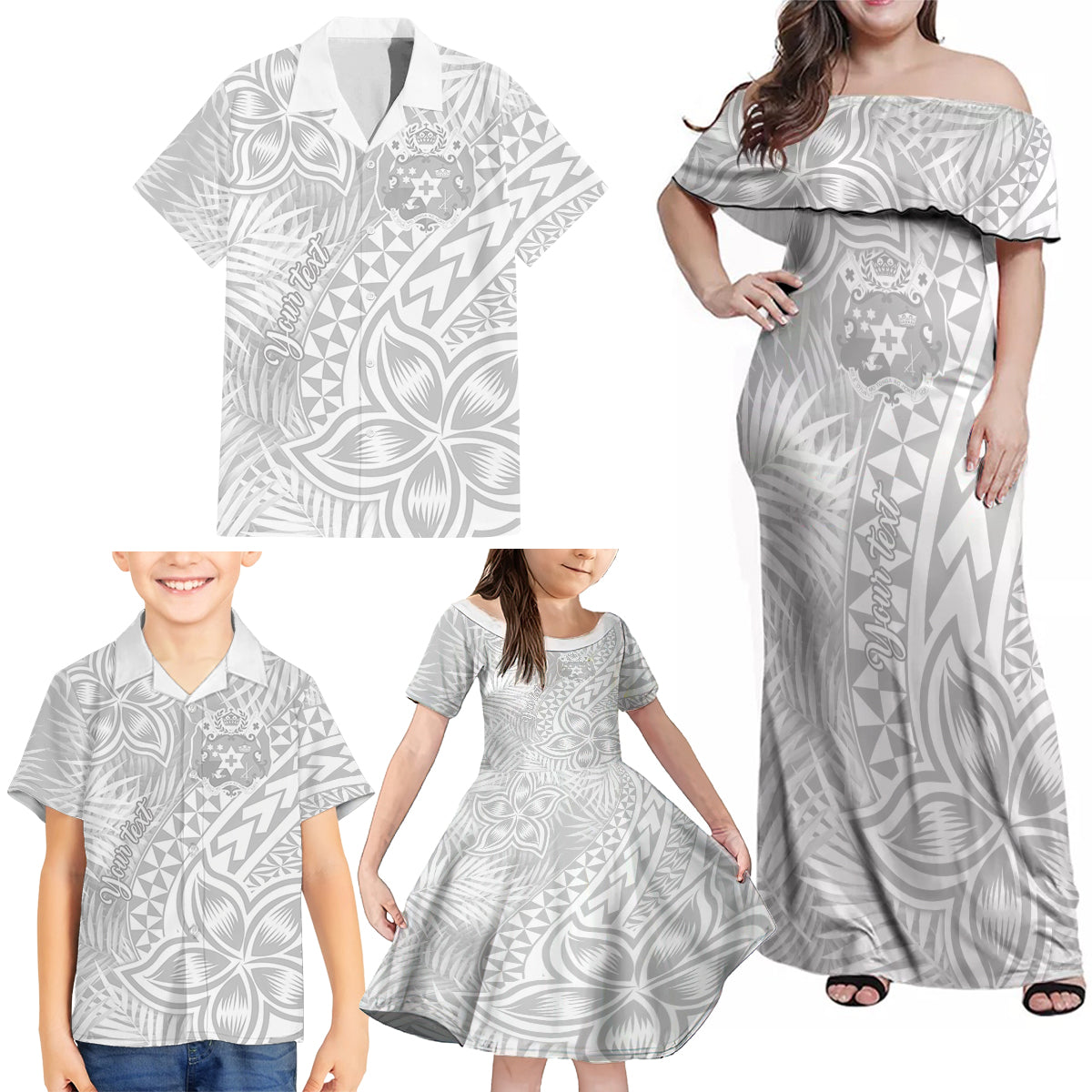 Personalised Tonga White Sunday Family Matching Off Shoulder Maxi Dress and Hawaiian Shirt Tropical Plant With Polynesian Pattern LT9 - Wonder Print Shop