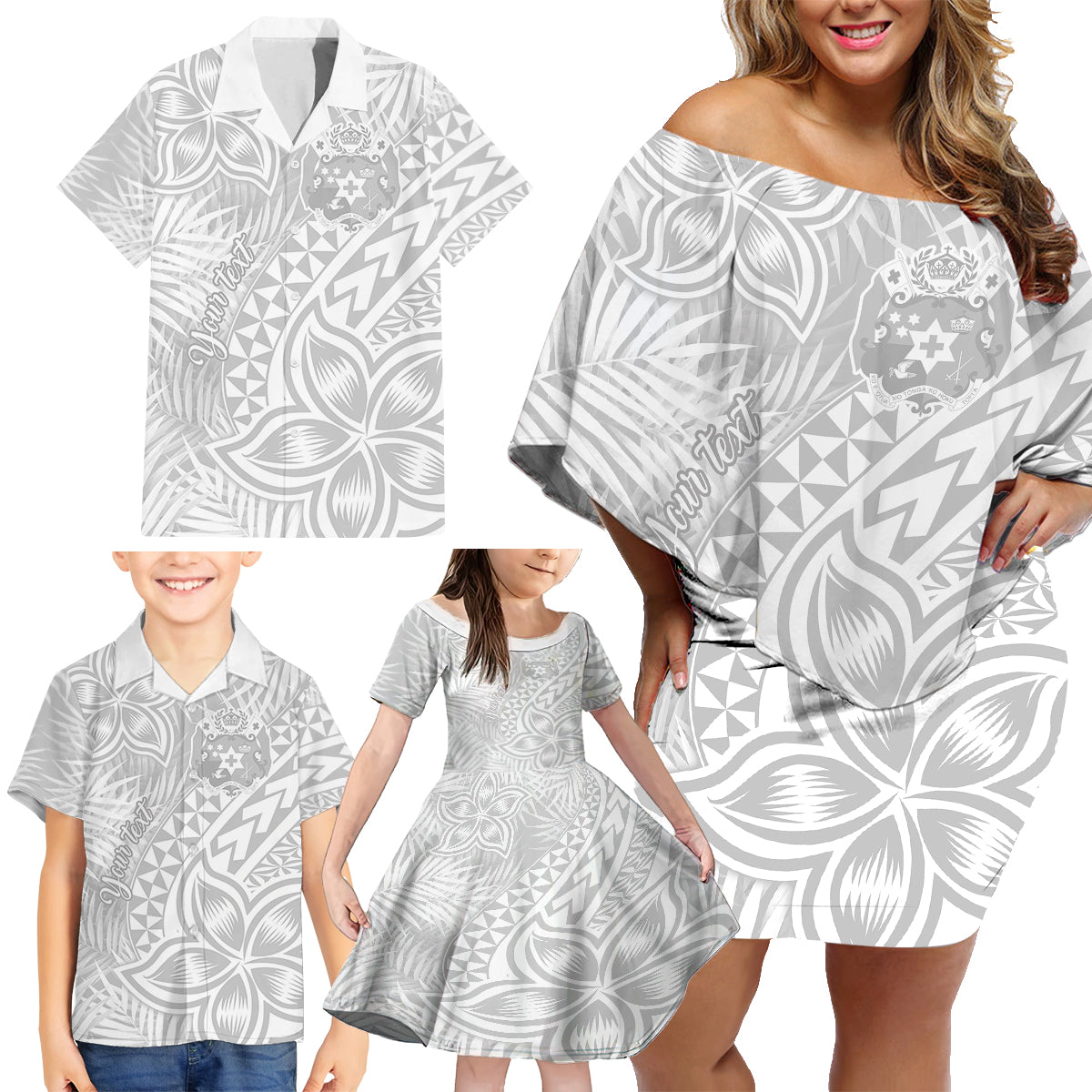 Personalised Tonga White Sunday Family Matching Off Shoulder Short Dress and Hawaiian Shirt Tropical Plant With Polynesian Pattern LT9 - Wonder Print Shop