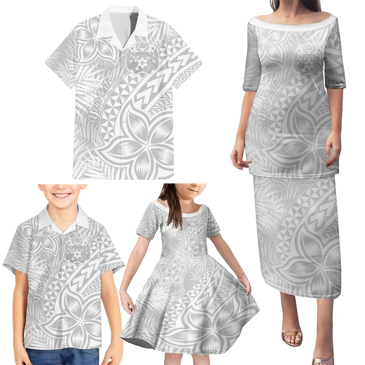 Personalised Tonga White Sunday Family Matching Puletasi Dress and Hawaiian Shirt Tropical Plant With Polynesian Pattern - Wonder Print Shop