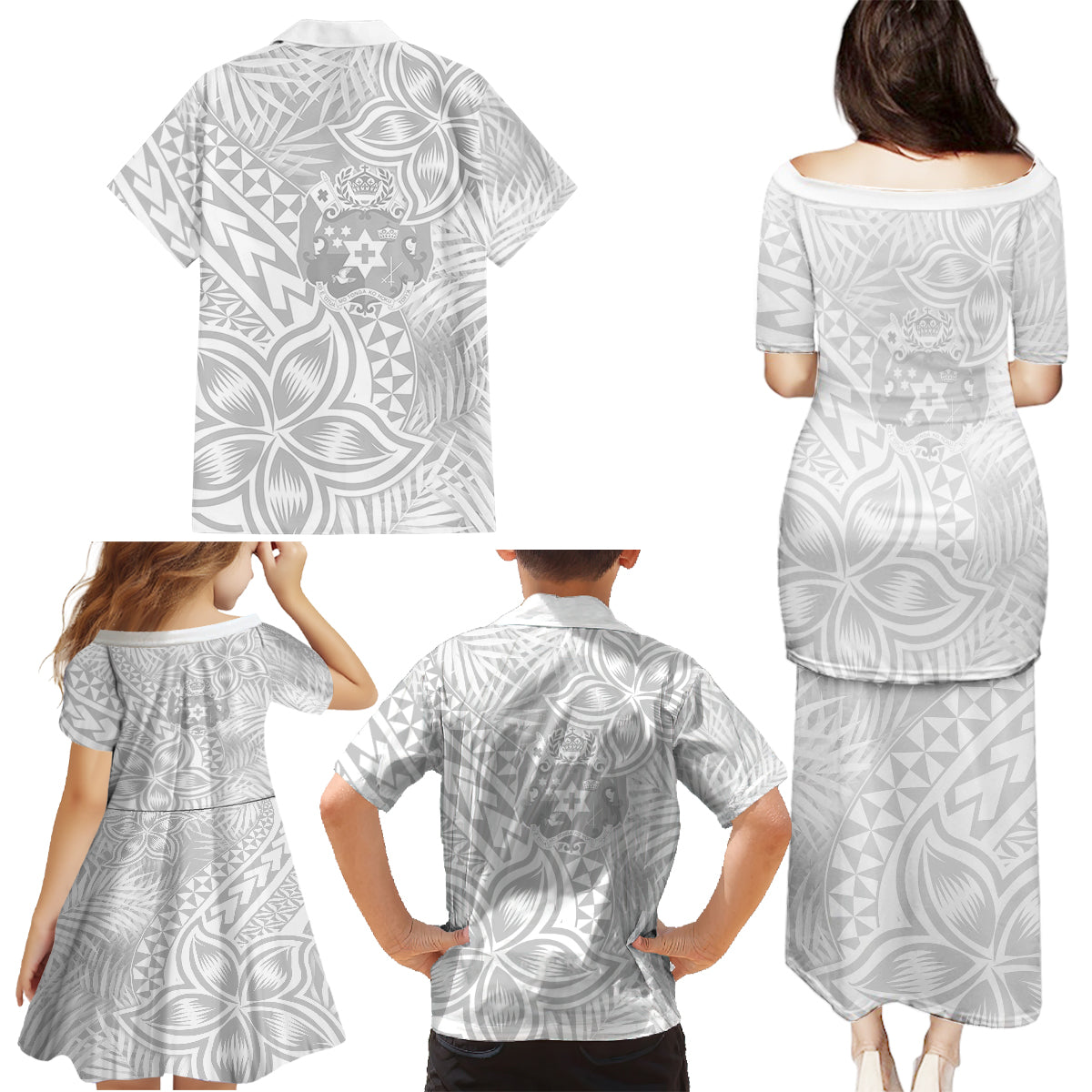 Personalised Tonga White Sunday Family Matching Puletasi Dress and Hawaiian Shirt Tropical Plant With Polynesian Pattern - Wonder Print Shop