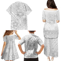Personalised Tonga White Sunday Family Matching Puletasi Dress and Hawaiian Shirt Tropical Plant With Polynesian Pattern - Wonder Print Shop