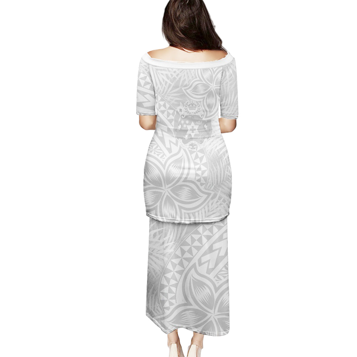 Personalised Tonga White Sunday Family Matching Puletasi Dress and Hawaiian Shirt Tropical Plant With Polynesian Pattern - Wonder Print Shop